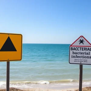 Coastal view of Outer Banks with health warning sign about bacteria