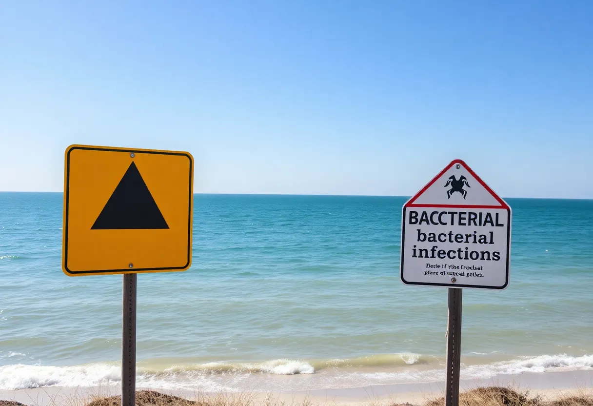 Coastal view of Outer Banks with health warning sign about bacteria