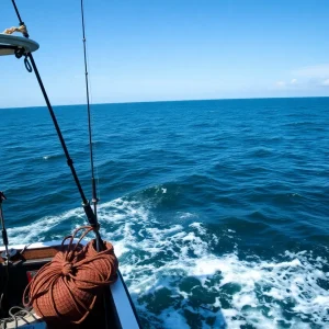 A scenic view of the ocean off the Outer Banks, with fishing gear and marine life visible.