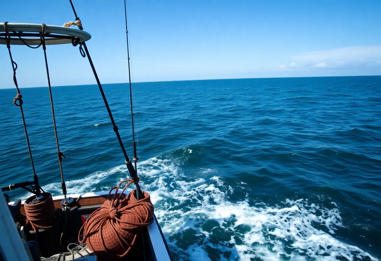 A scenic view of the ocean off the Outer Banks, with fishing gear and marine life visible.