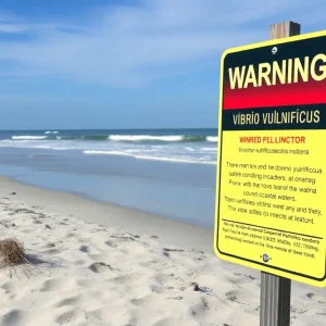A warning sign regarding Vibrio vulnificus infections at the beach in Outer Banks.