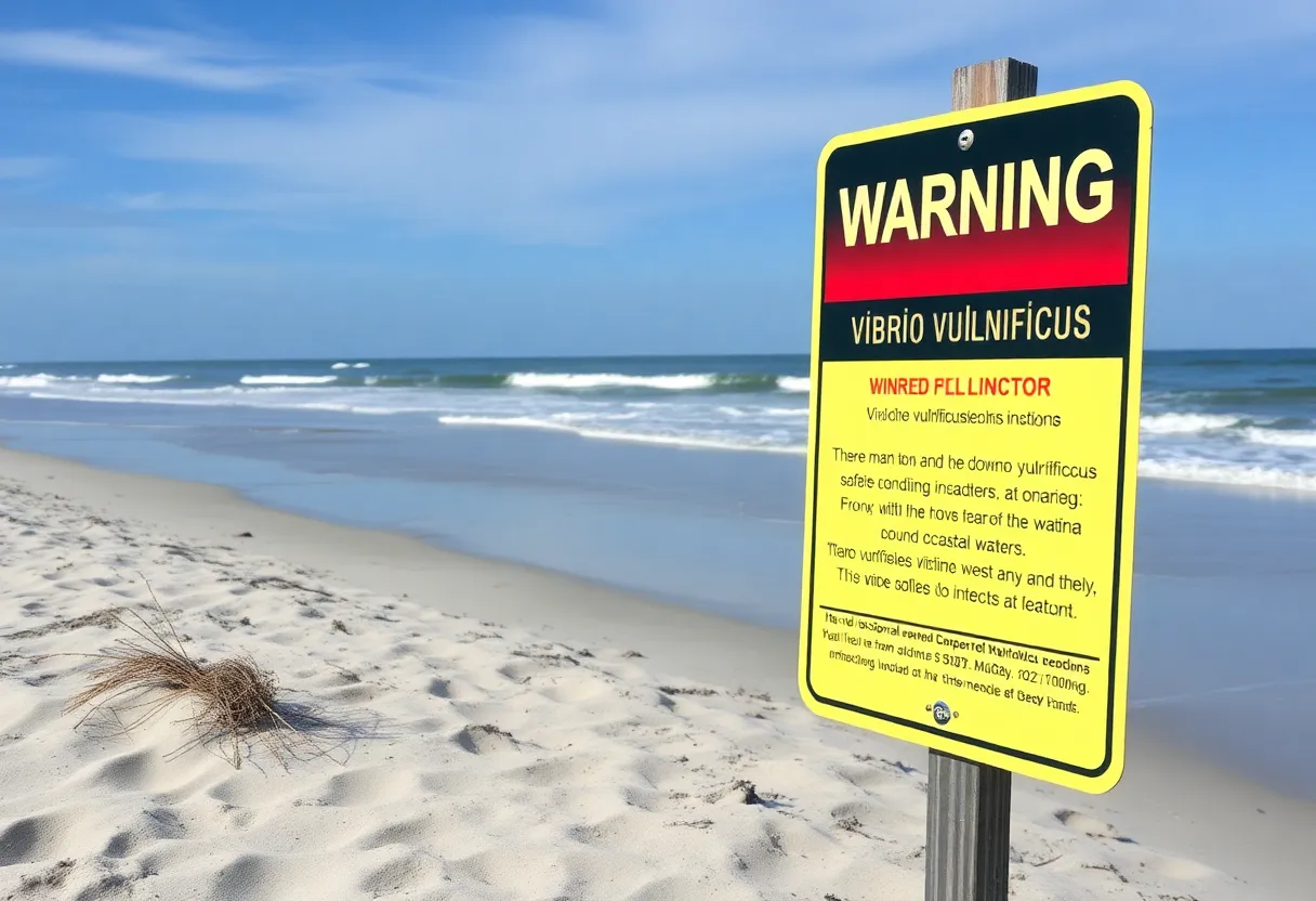 A warning sign regarding Vibrio vulnificus infections at the beach in Outer Banks.
