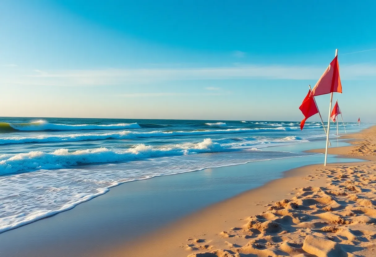 Beach warning flags signaling rip current hazard at Outer Banks