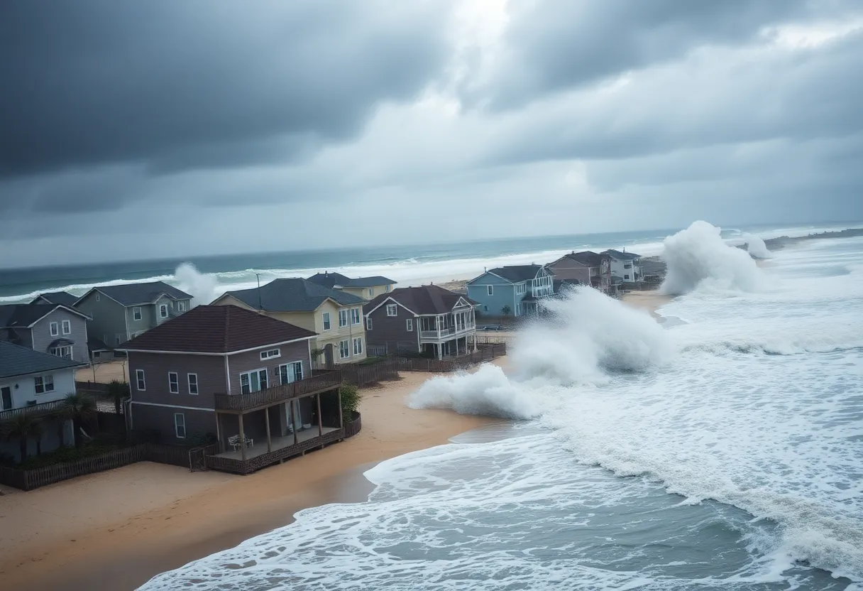 Beachfront homes in Rodanthe facing the danger of collapse from Hurricane Erin's waves.