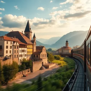 Scenic train ride through Europe representing themes of romance and self-discovery