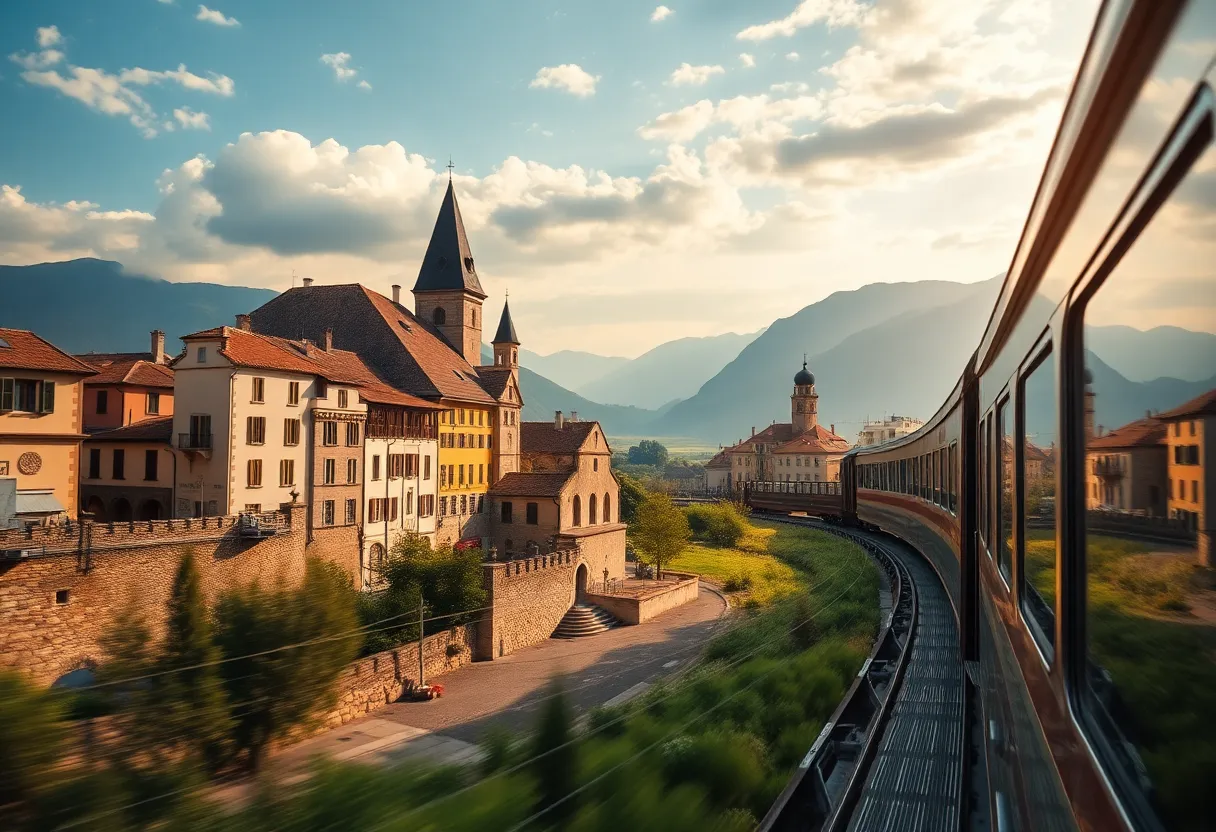Scenic train ride through Europe representing themes of romance and self-discovery