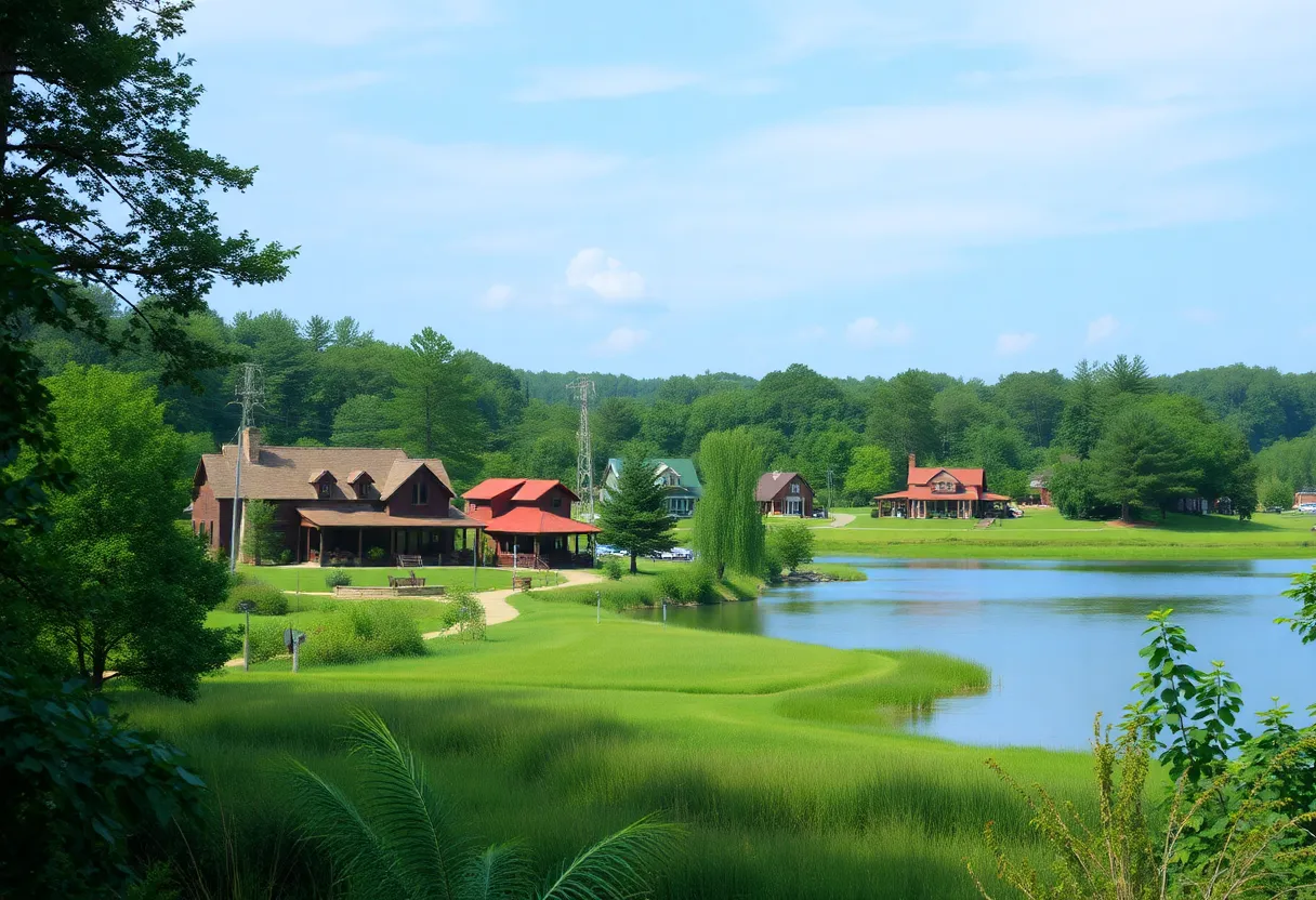 A tranquil scene from a secluded town in Northeast North Carolina with greenery and rustic homes