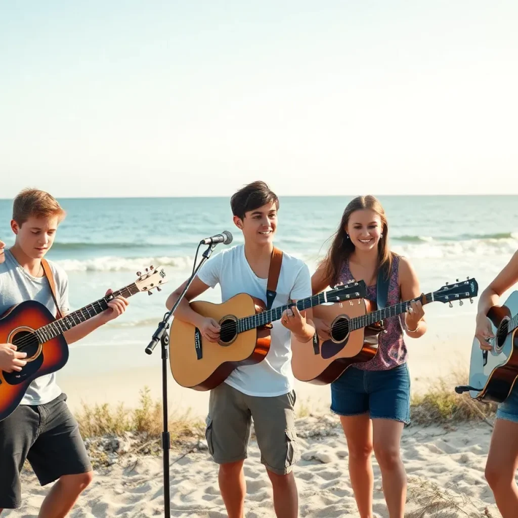 Group of musicians at the Carolina coast depicting youth and dreams.