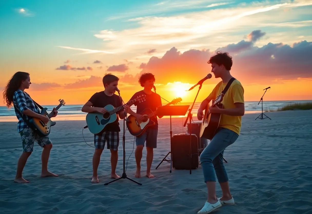Young musicians performing on a Carolina beach
