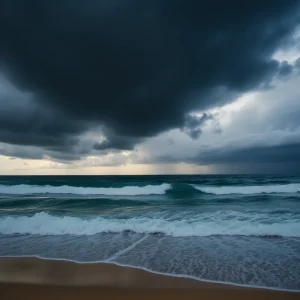 A tropical storm over the ocean with dark clouds and rough waves