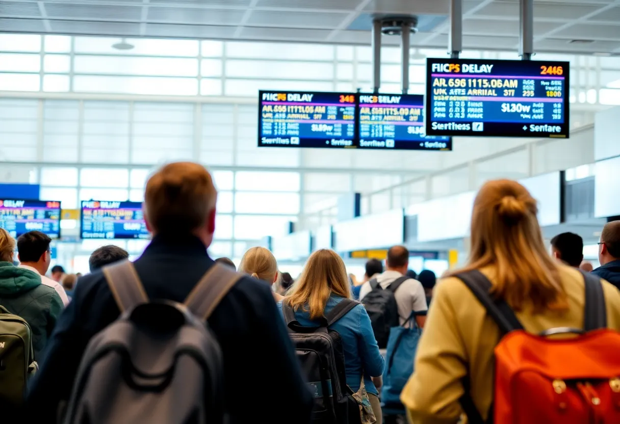 Passengers at an airport facing delays due to United Airlines grounding flights
