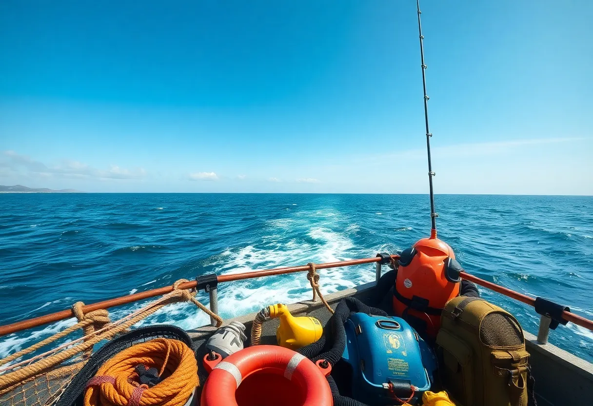 Warm coastal waters with fishing gear indicating safety concerns
