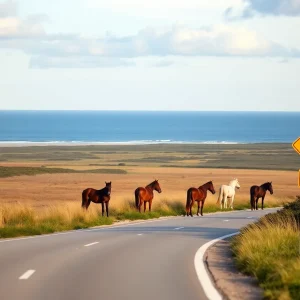 Wild horses grazing in Corolla, North Carolina