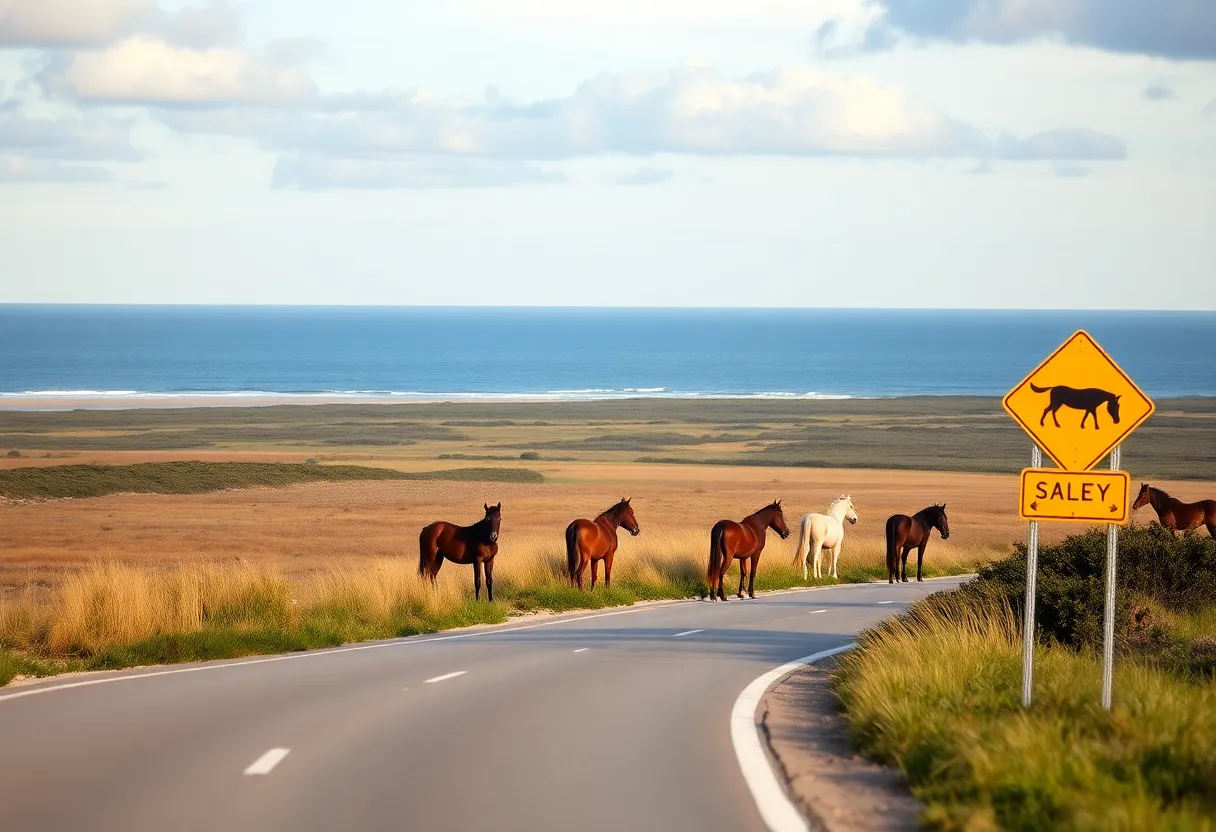 Wild horses grazing in Corolla, North Carolina