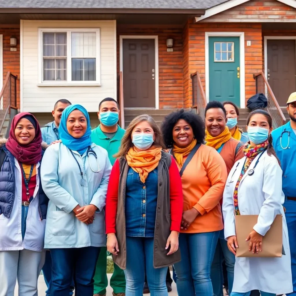 Workers in front of newly developed affordable housing units in North Carolina