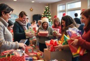 Community members organizing gifts for the Angel Gift Program