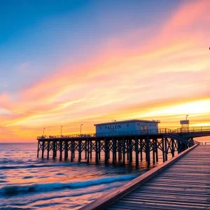 Beautiful sunset view of Avalon Pier in the Outer Banks
