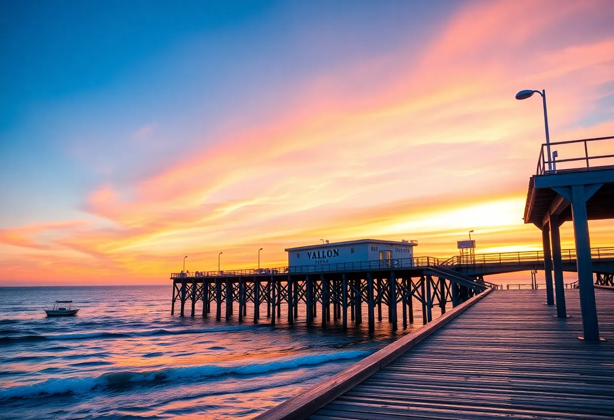 Beautiful sunset view of Avalon Pier in the Outer Banks