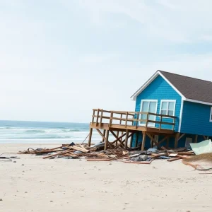 Collapsed beach house debris along the Outer Banks coastline