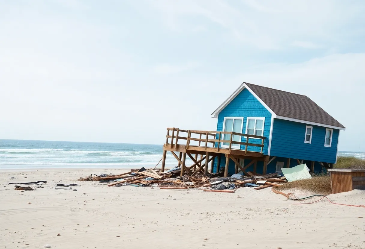 Collapsed beach house debris along the Outer Banks coastline