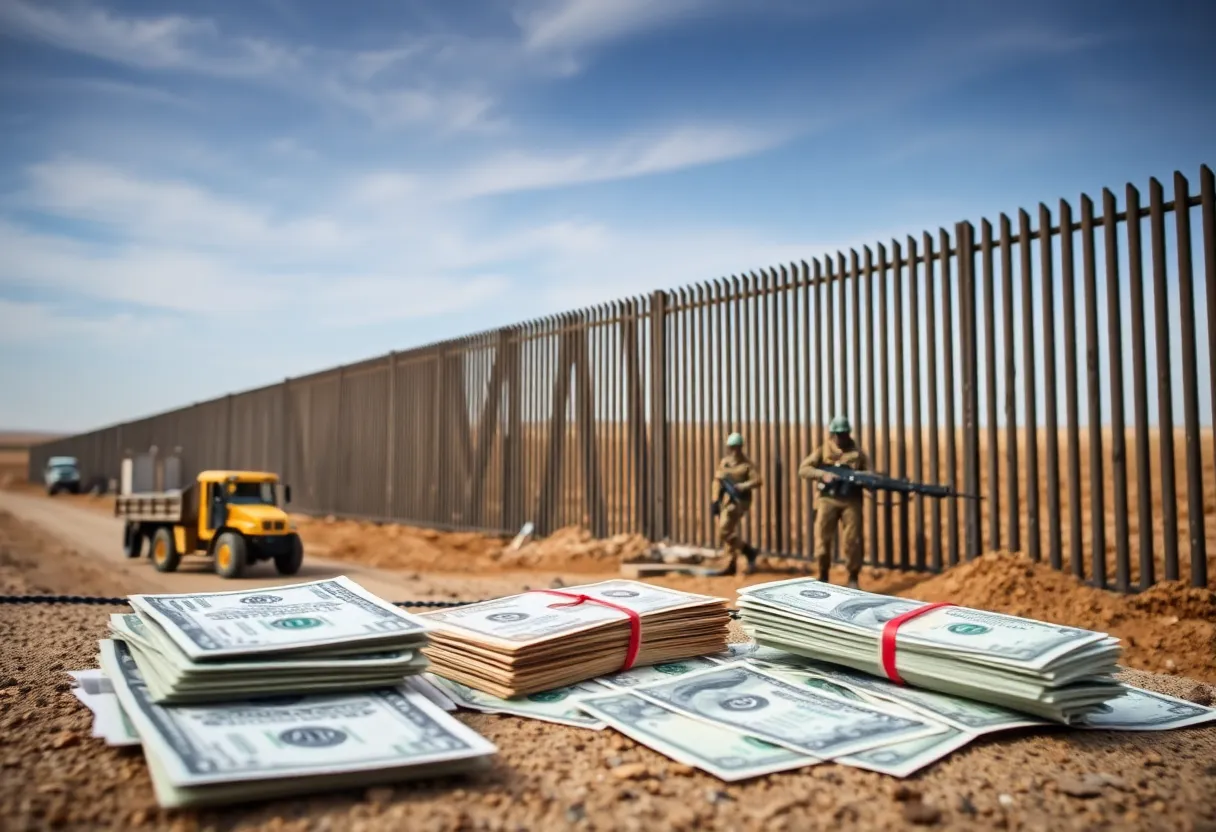 Visual representation of border security initiatives with military presence and construction.