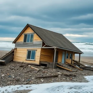 Debris from a collapsed home on the beach in Buxton, North Carolina