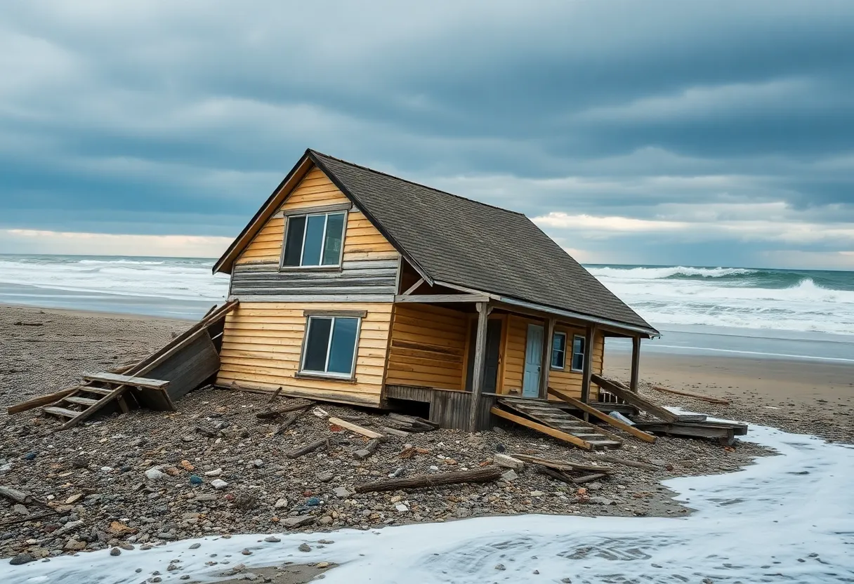 Debris from a collapsed home on the beach in Buxton, North Carolina