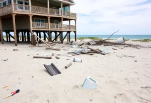 Debris scattered on the beach from a collapsed beachfront home in Buxton, North Carolina.