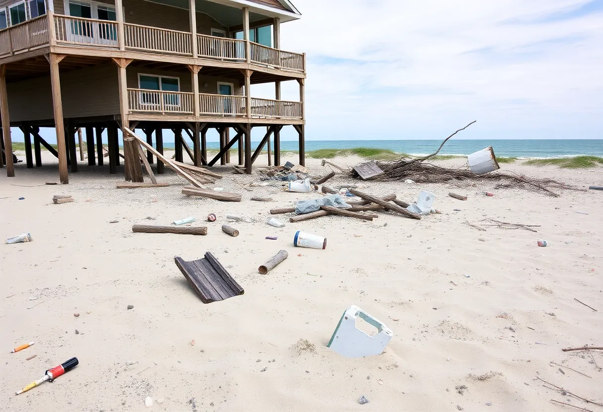 Debris scattered on the beach from a collapsed beachfront home in Buxton, North Carolina.
