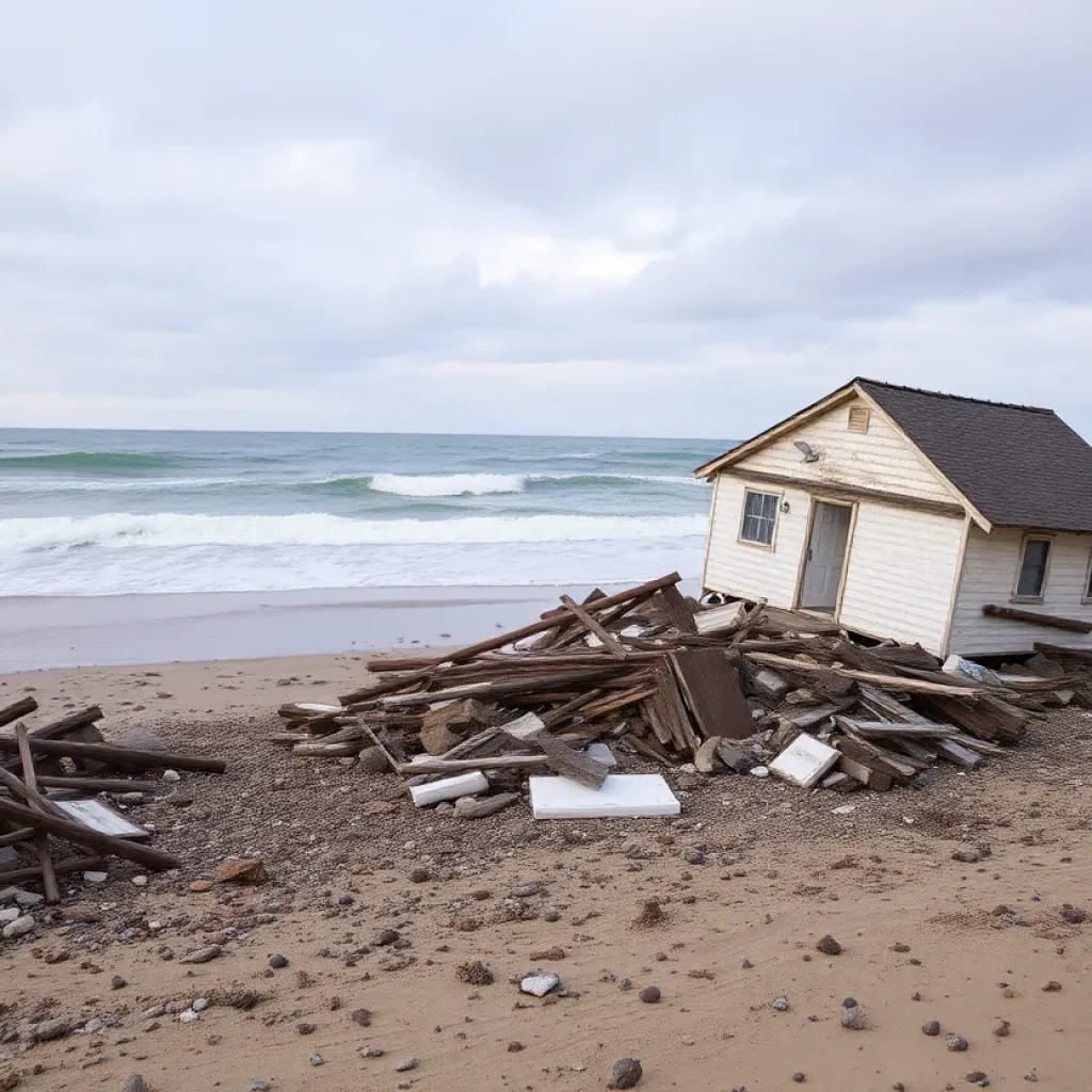 Debris from collapsed beachfront house scattered on Buxton beach