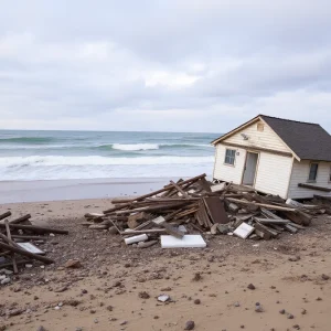 Debris from collapsed beachfront house scattered on Buxton beach