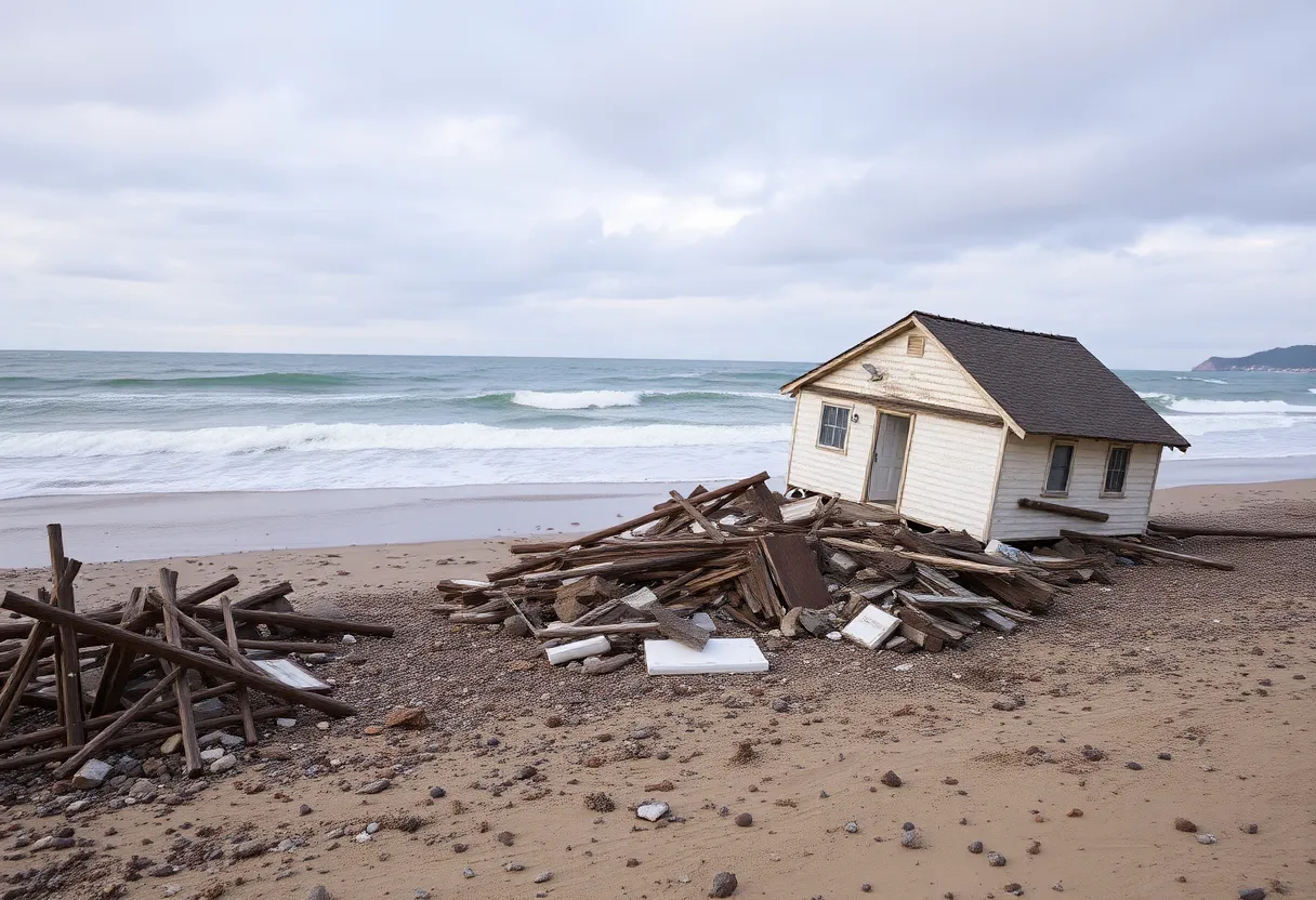 Debris from collapsed beachfront house scattered on Buxton beach