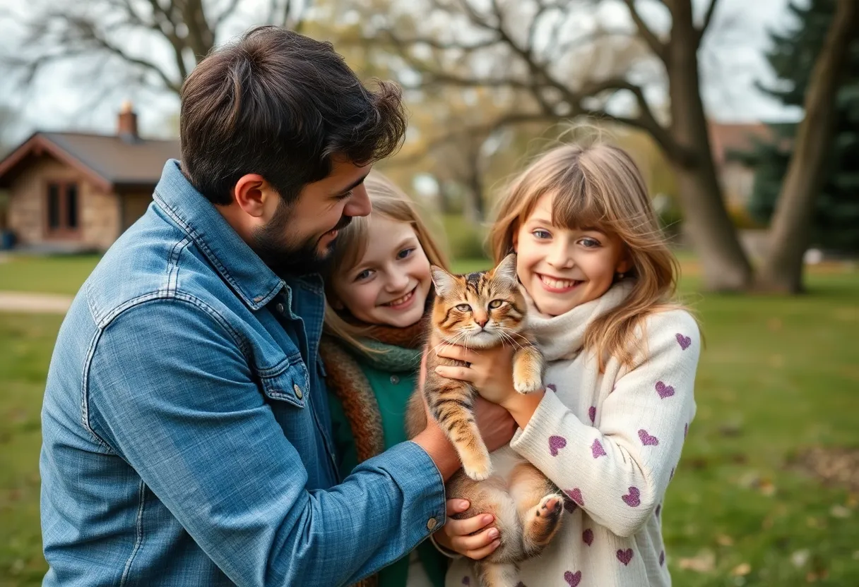 Family joyfully reunited with their cat outdoors