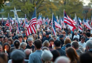 Memorial service gathering for Charlie Kirk with attendees holding flags.