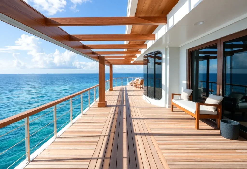 Stylish coastal deck overlooking the ocean, built with marine-grade materials.