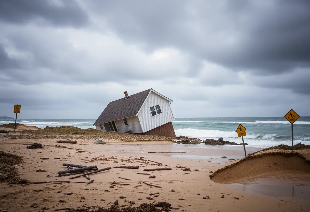 Debris from a collapsed oceanfront home on the beach due to coastal erosion.