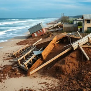 Coastal erosion on the Outer Banks with collapsing homes
