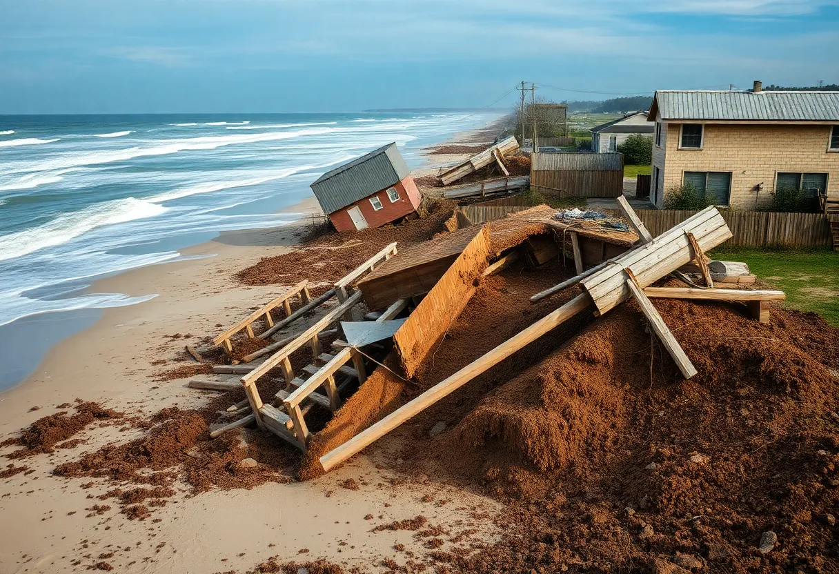 Coastal erosion on the Outer Banks with collapsing homes