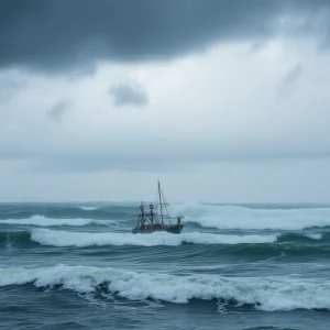 Stormy coastline with heavy waves and dark clouds