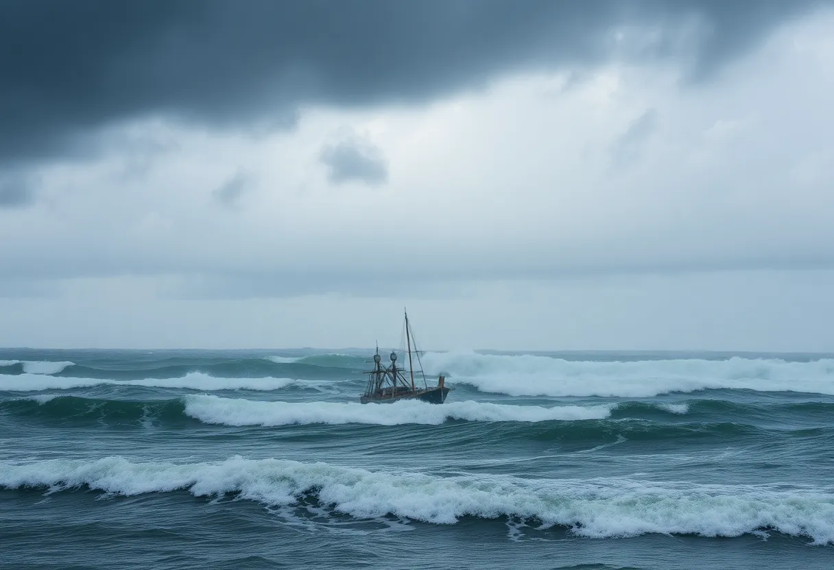 Stormy coastline with heavy waves and dark clouds