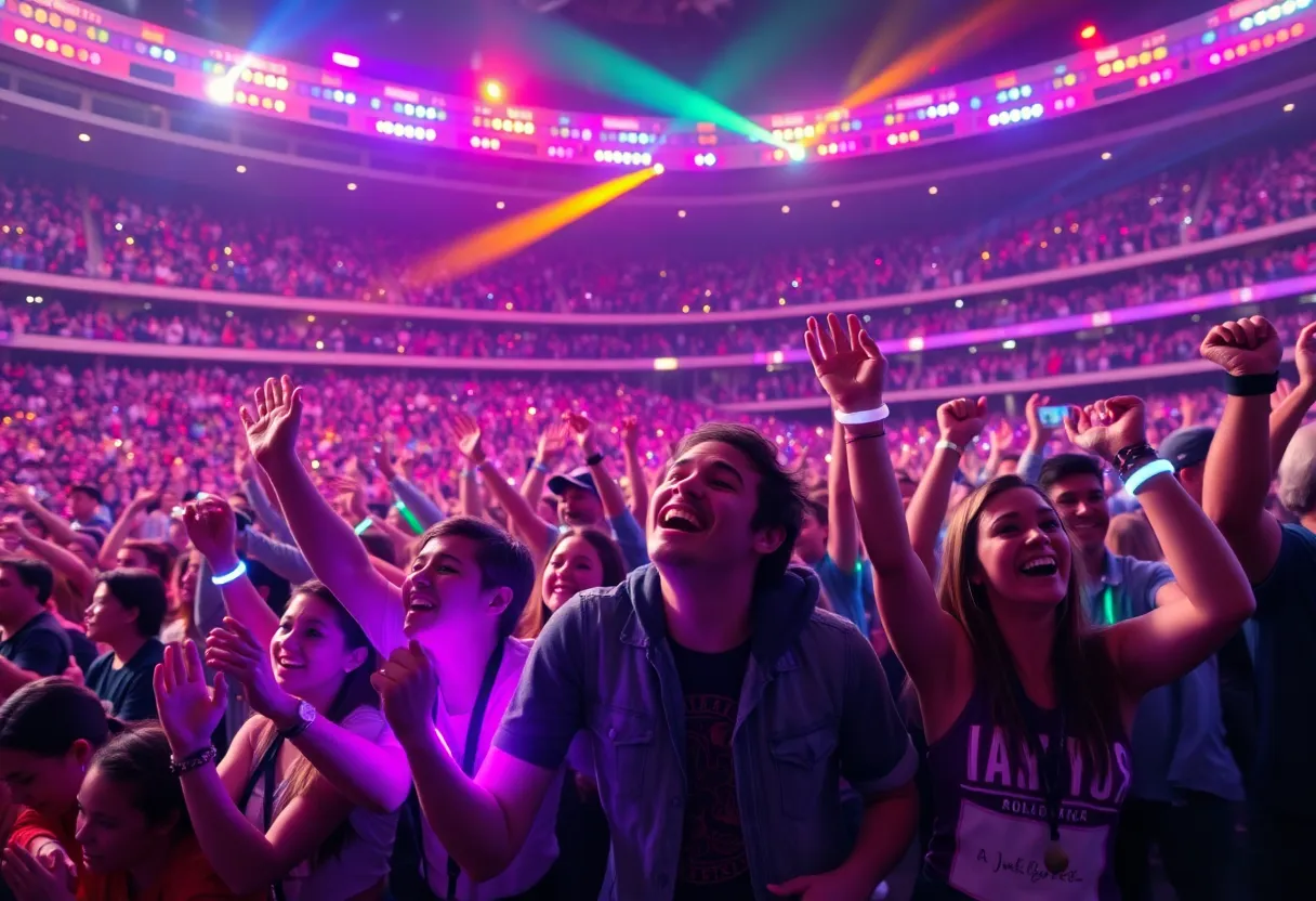 Crowd at Coldplay's concert in Wembley Stadium with colorful lights and wristbands