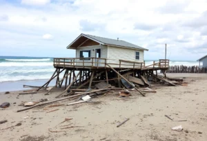 Debris from a collapsed stilt home along the Atlantic Ocean in Buxton, NC
