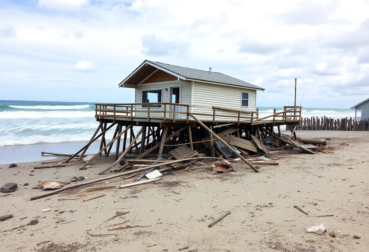 Debris from a collapsed stilt home along the Atlantic Ocean in Buxton, NC