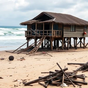 A collapsed beachfront stilt home in Buxton, North Carolina, with ocean waves crashing nearby.