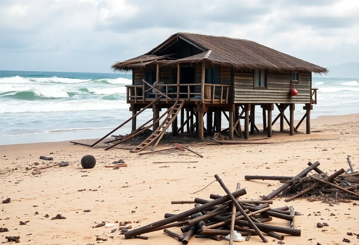A collapsed beachfront stilt home in Buxton, North Carolina, with ocean waves crashing nearby.