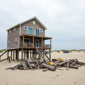Debris from a collapsed stilt home on the beach of Buxton, Outer Banks