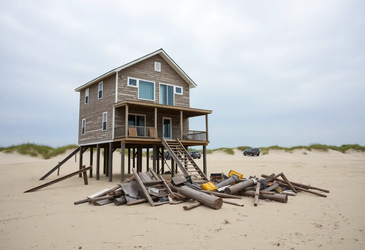 Debris from a collapsed stilt home on the beach of Buxton, Outer Banks