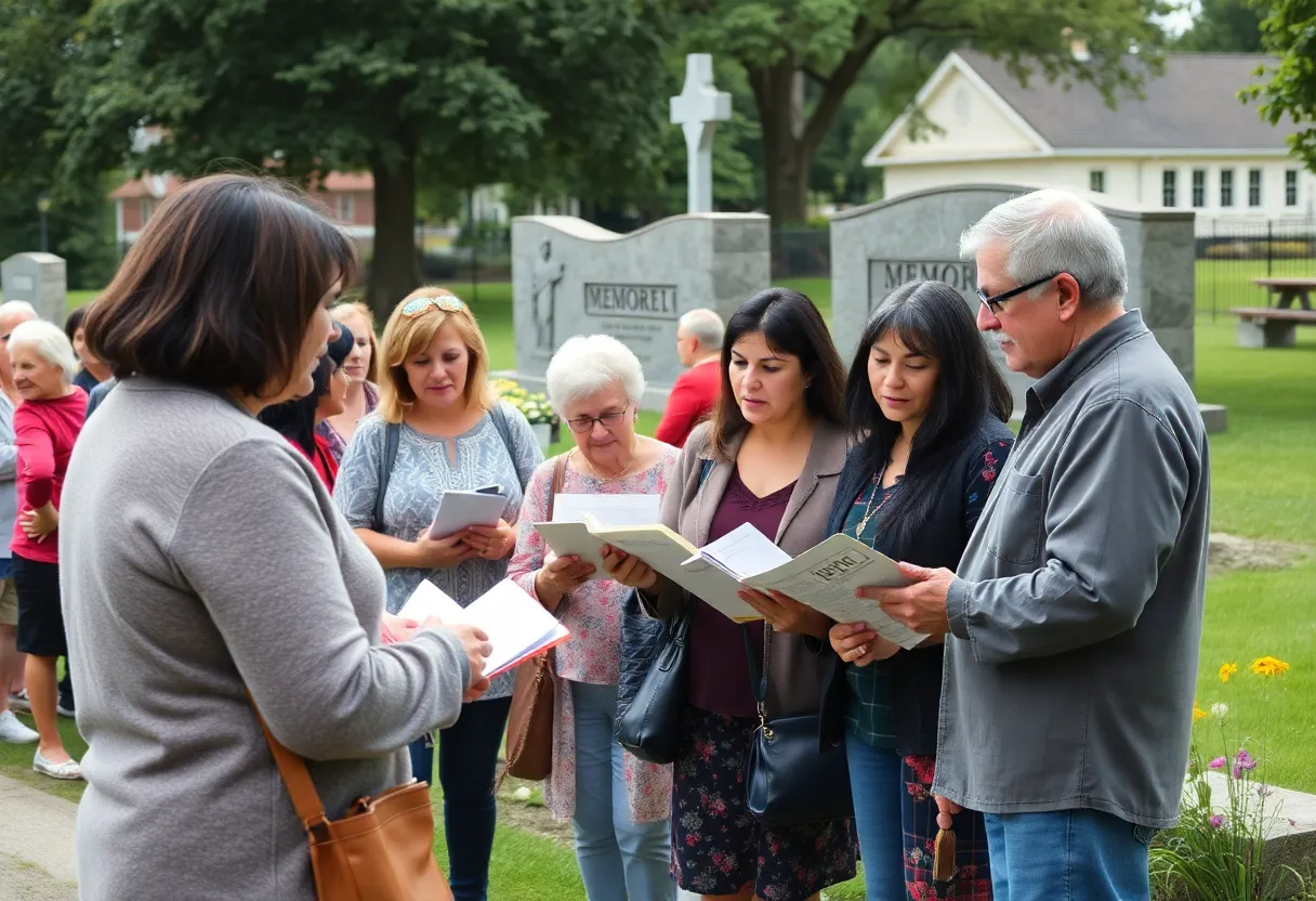Community members gathering for a memorial service in honor of James E. Ryel