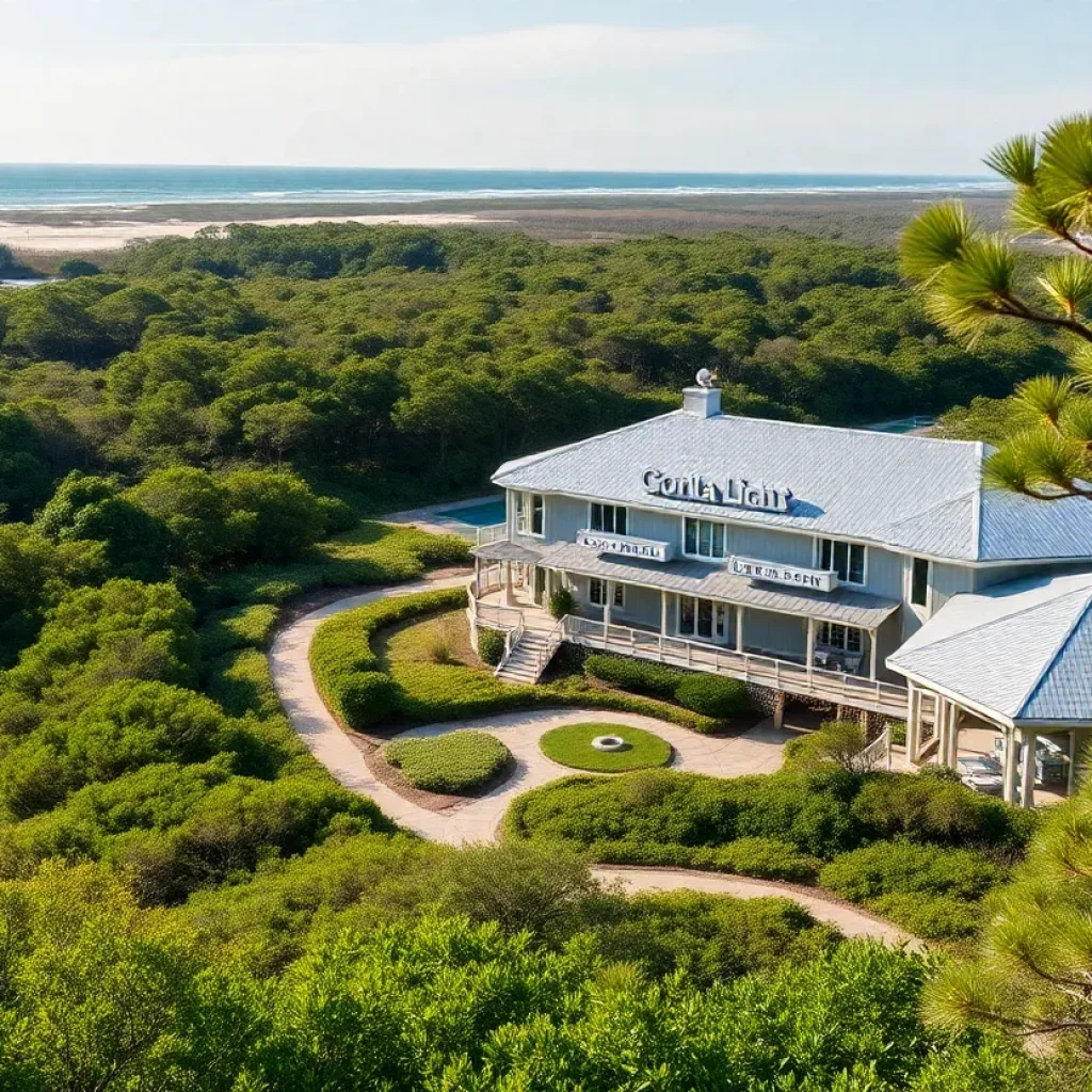 A beautiful landscape of Corolla Light Resort showcasing eco-friendly architecture and natural surroundings.