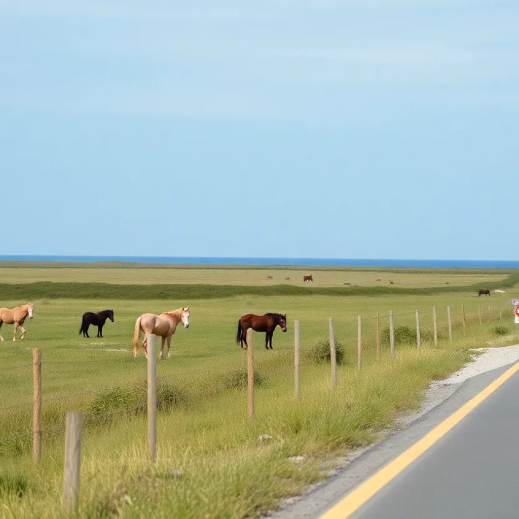 Wild horses roaming near a road in Corolla, North Carolina